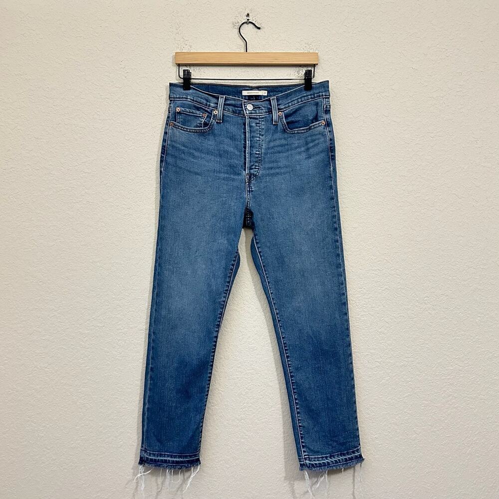 LEVIS Wedgie Straight Jeans Blue Denim High Rise Button Fly Frayed